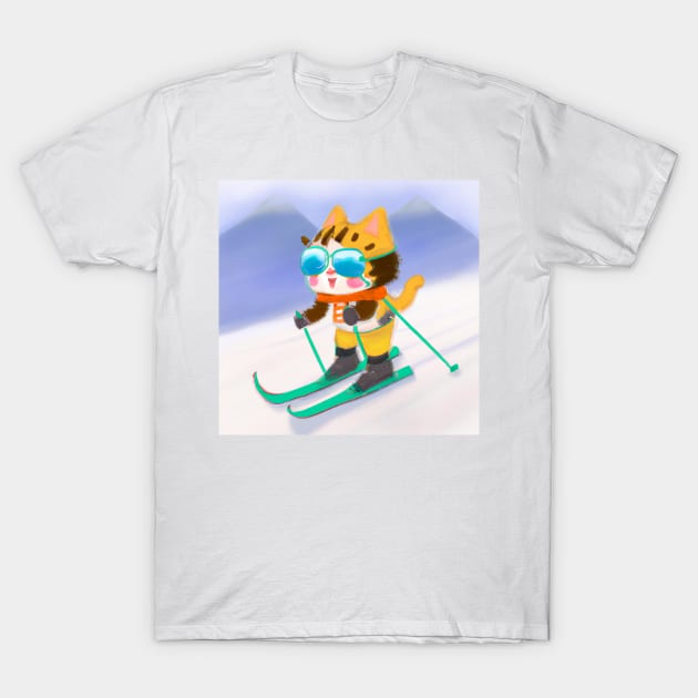 Cute Skiing Orange Chibi Cat T-Shirt by ShirtStories